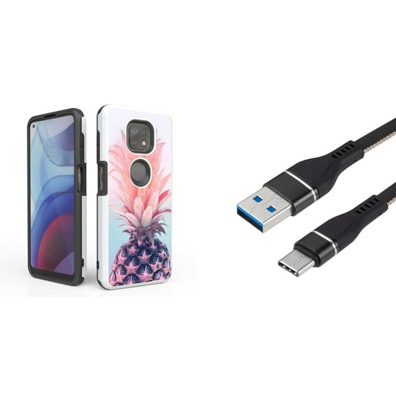 Bemz Accessory Bundle for Moto G Power (2021) Case with: Dual Shield Slim Rugged Hybrid Protective Cover, Fast Charging Sync USB-C to USB-A Cable (3 Feet) and Touch Tool - Cool Pineapple
