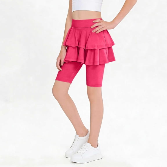 Tdoqot Girls Yoga Shorts with Skirt- Soft Cotton Summer High Waist Ruffle Kids Dance Shorts Hot Pink Size 6-14