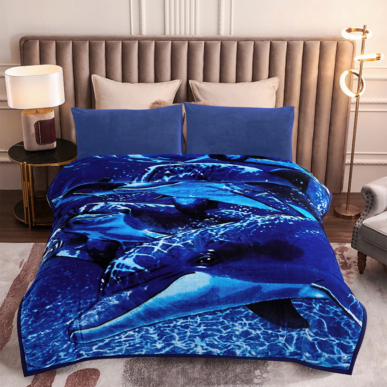 MERRY HOME Full/Queen Size Fleece Blanket For Bed, A & B Patterns Soft Warm Blanket, Microfiber Plush Middle Weight Bed Blanket For All Season, Dolphin/Lion, 5LB, 75"x87"