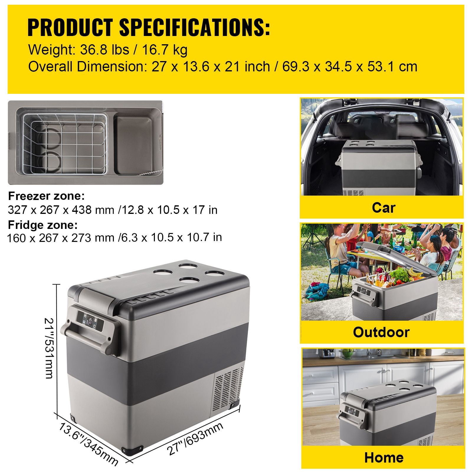 12V car refrigerator 58 quarts dual temperature zone, compressor refrigeration 12/24V DC 110-240V AC, dual-purpose car and home, truck RV camping