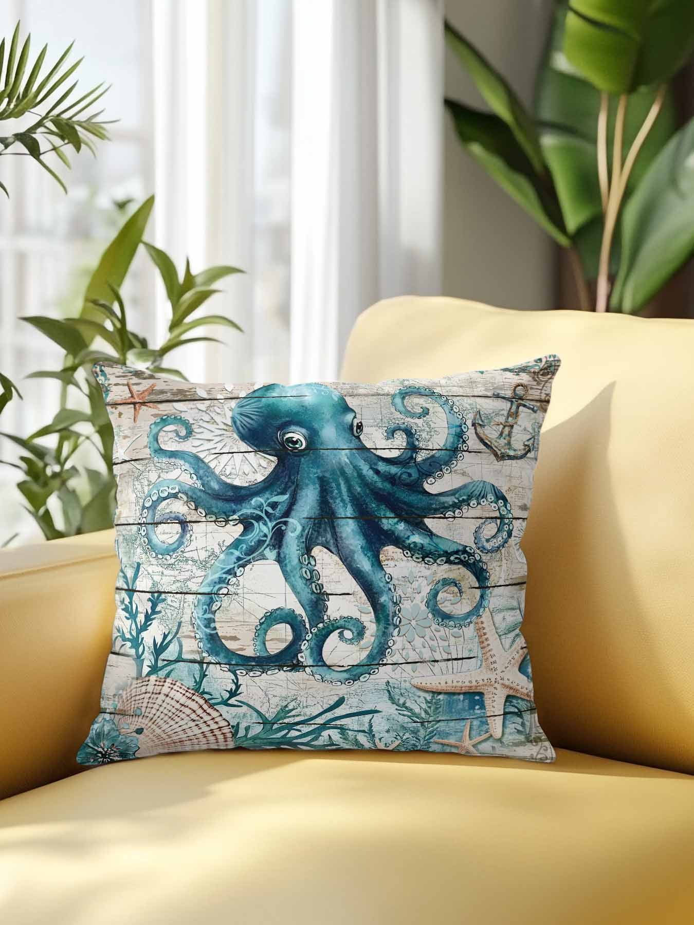 Outdoor Pillows Waterproof, Teal Octopus Coastal Bedding Throw Pillows with Insert for Couch Sofa Bed, Summer Beach Nautical Starfish Retro 18x18 Inch Pillowcases Decorative Patio Pillow Set of 1