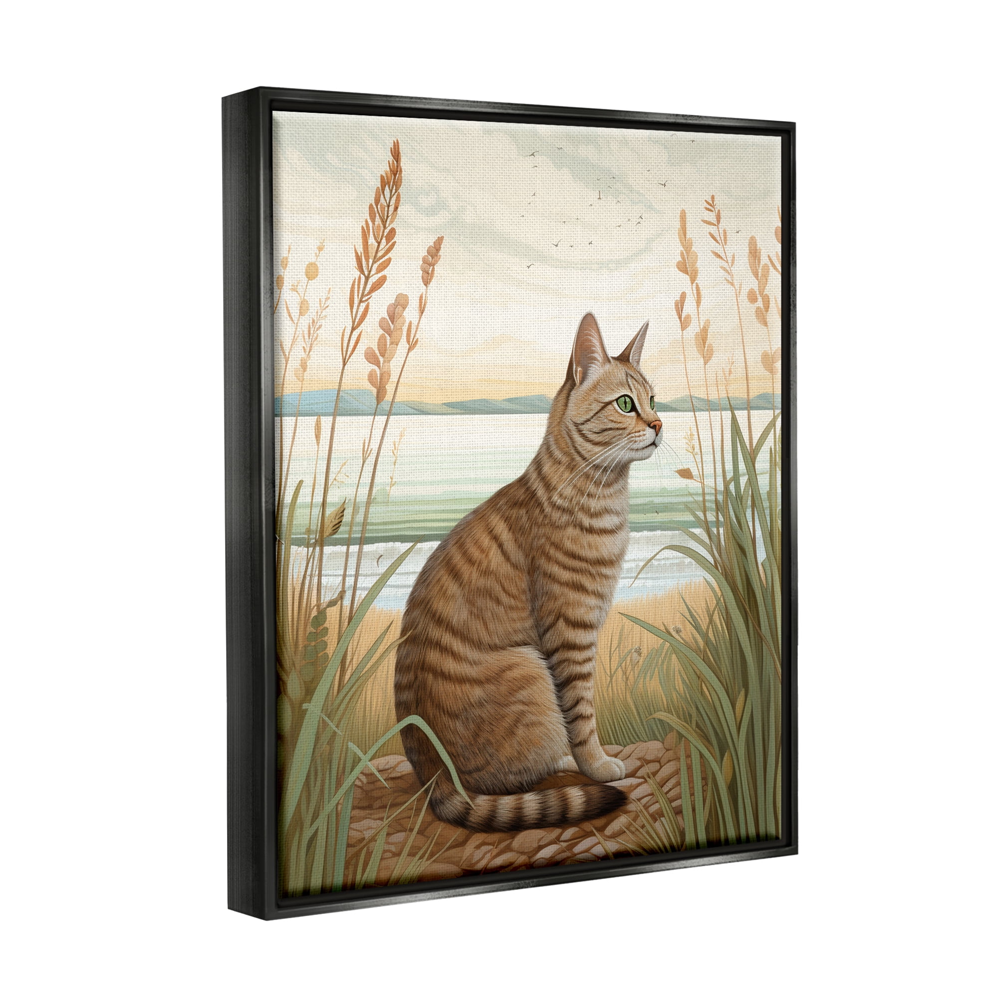 Stupell Industries Cat Sitting on Beach Animals & Insects Painting Black Floater Framed Art Print Wall Art, 17 x 21