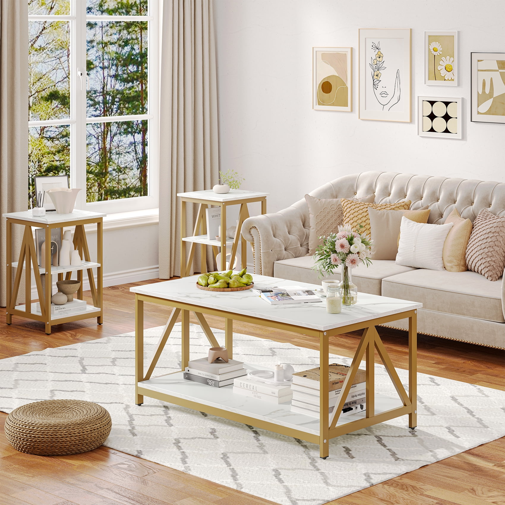 Winkalon 3-Piece Coffee Table Set with Coffee Table and 2 End Tables,Modern Living Room Table Set with Metal Frame for Apartment Home Office,White