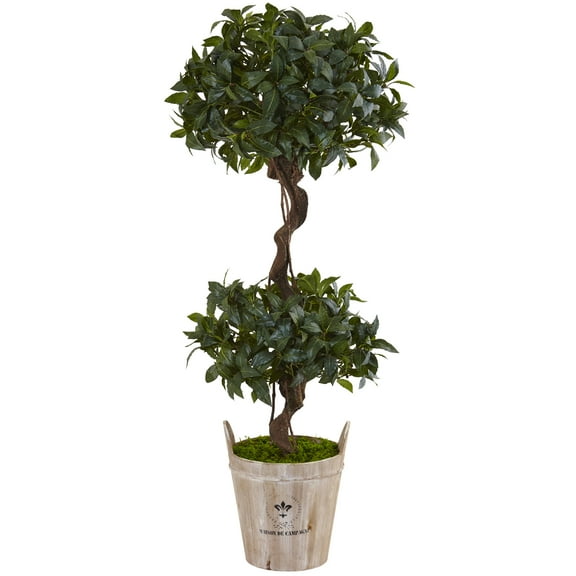Nearly Natural 4.5ft. Green Sweet Bay Double Topiary Artificial Plant in Farmhouse Planter