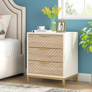 1Easylife Night Stands Bedside Table with Drawers, Modern Wood Grain Nightstand for Bedrooms Brown/White