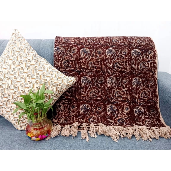 Premium Handmade Sofa Throw, Handblock Print Cotton Blanket, Lightweight Decorative Throw with Tassels, Hand Loomed for Sofa & Room Décor
