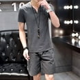thumbnail image 2 of VSSSJ Cotton and Linen Sets for Men Plus Size Solid Color V-Neck Button Short Sleeve Tee Shirts and Elastic Waist Shorts Casual Breathable Loose Two Piece Suit Gray L, 2 of 6
