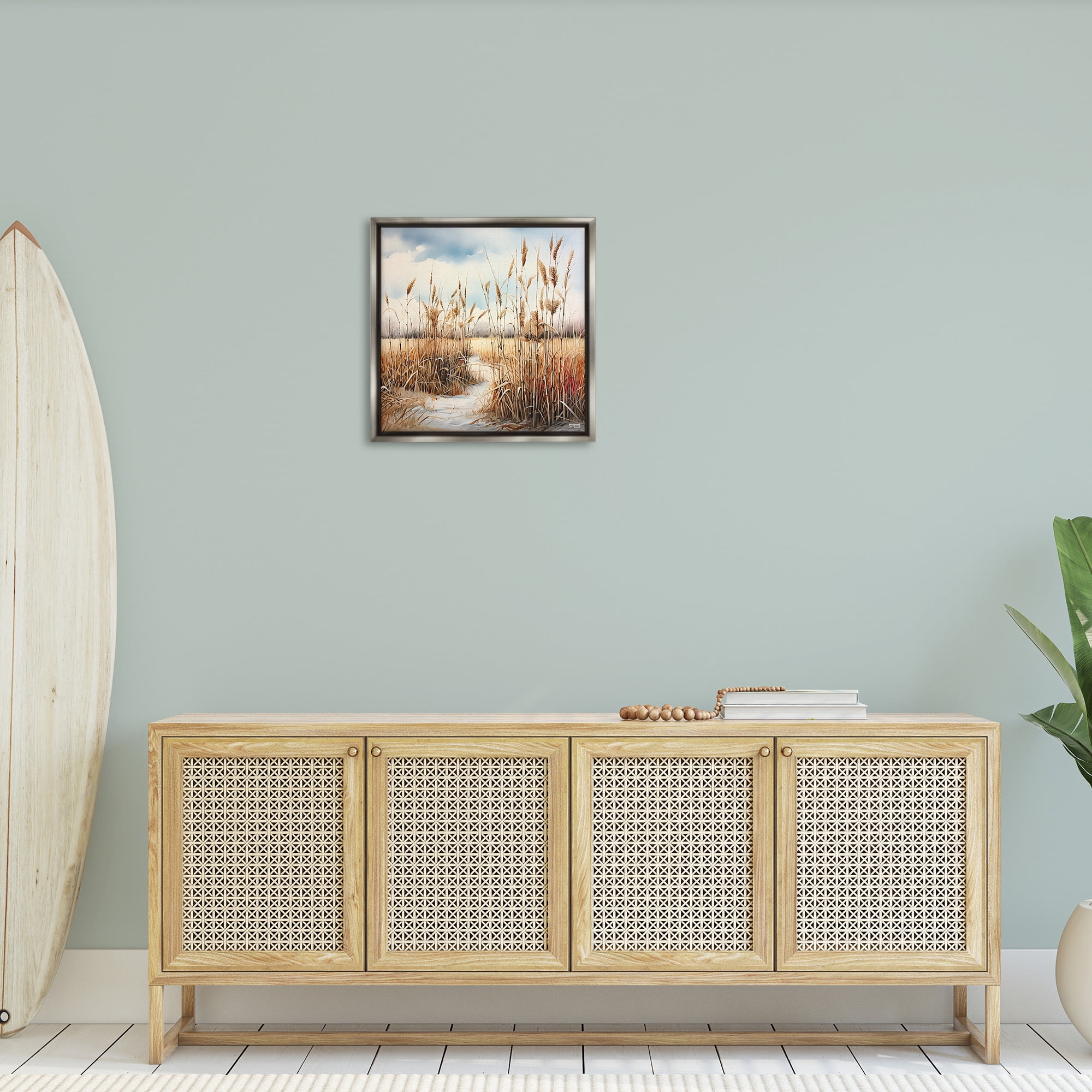 Stupell Industries Looming Beach Reeds Landscape Painting Gray Floater Framed Canvas Art Print Wall Art, 25 x 25