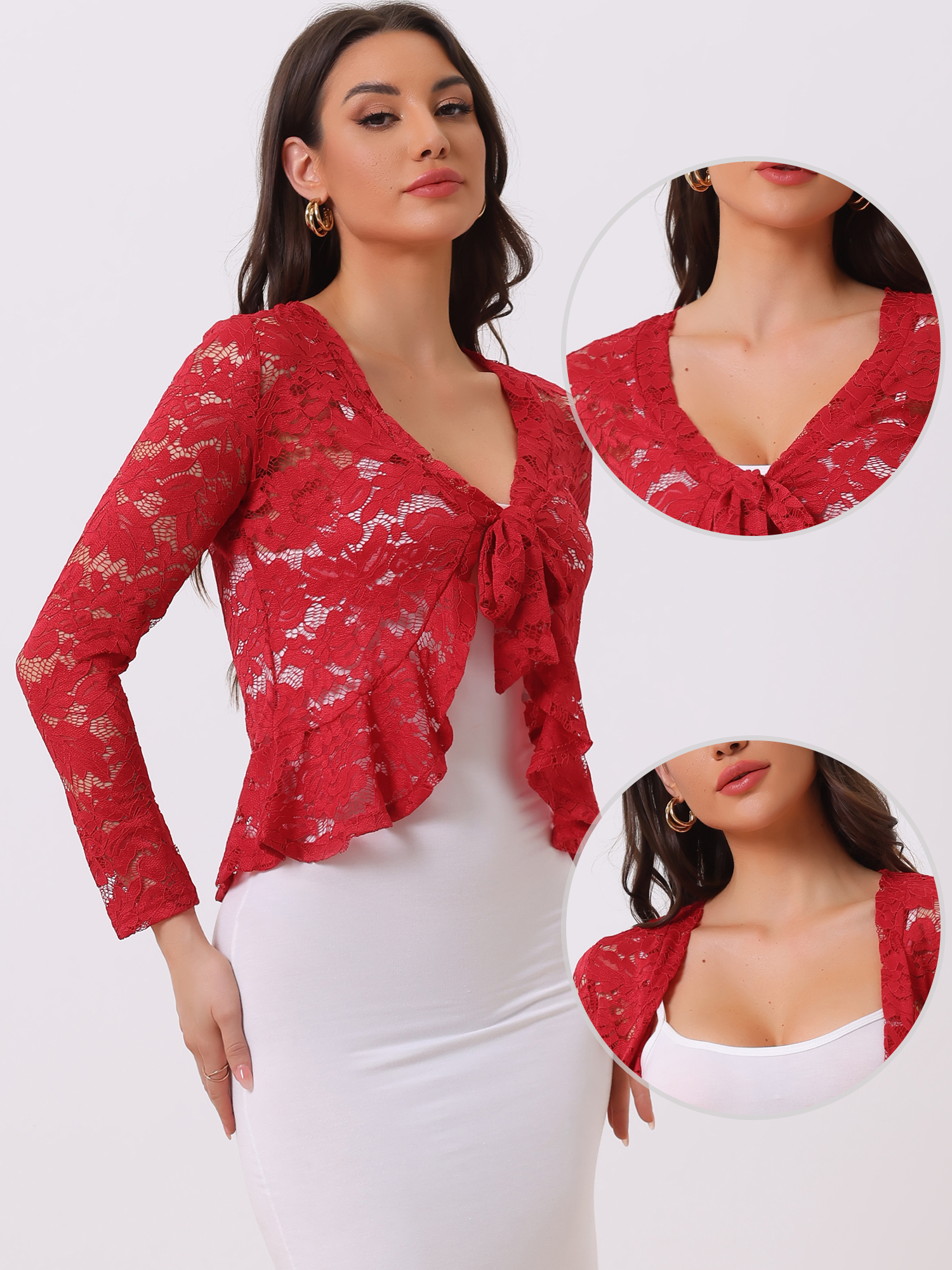 DARING DIVA Women's Ruffled Hem Floral Lace Crop Shrug Cardigan S Red