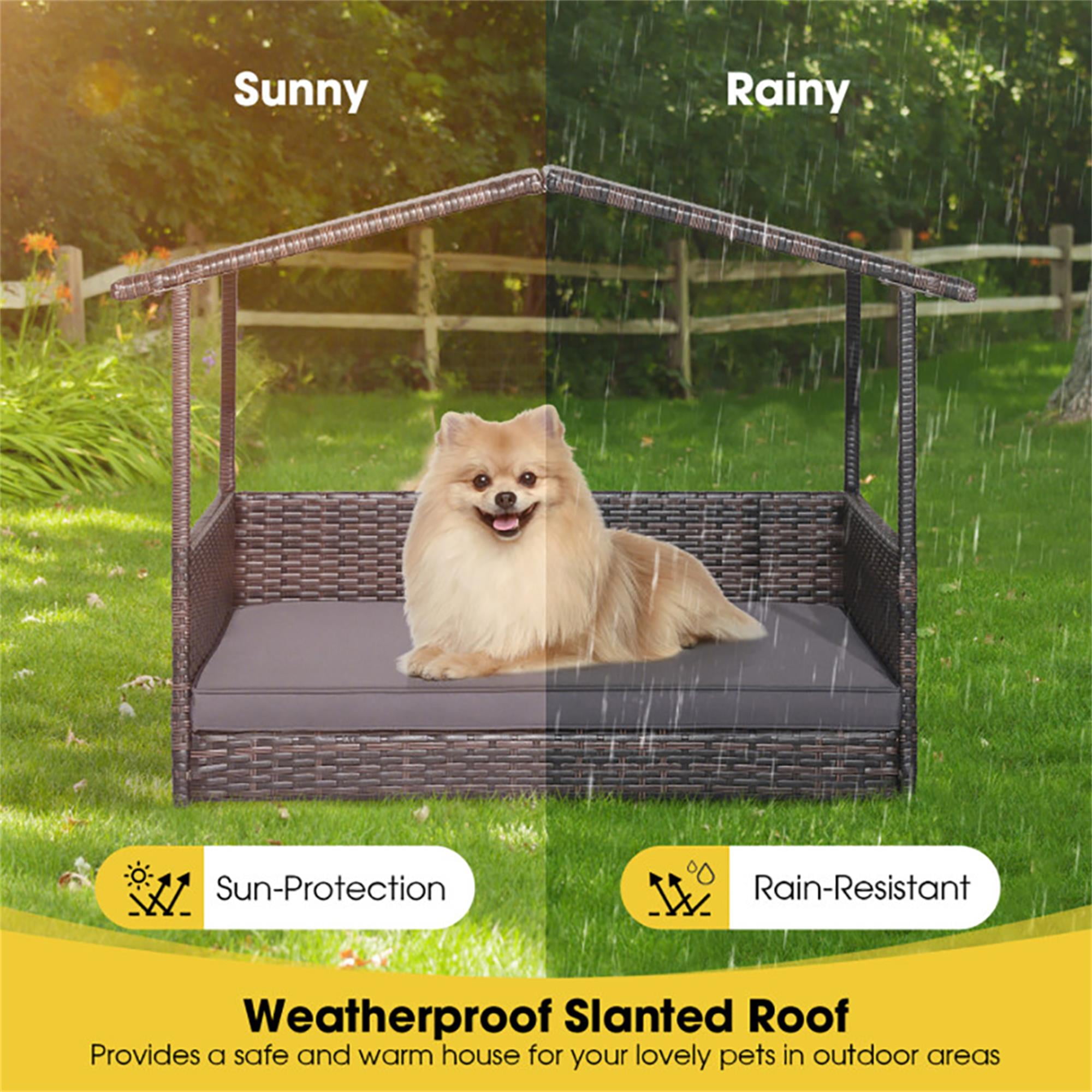 Kadyn 38" Pet Dog Bed Furniture with Provide Pet Mat, Outdoor PE Wicker Dog House for Cat and Dog with Waterproof Roof Kennel, Brown+Gray