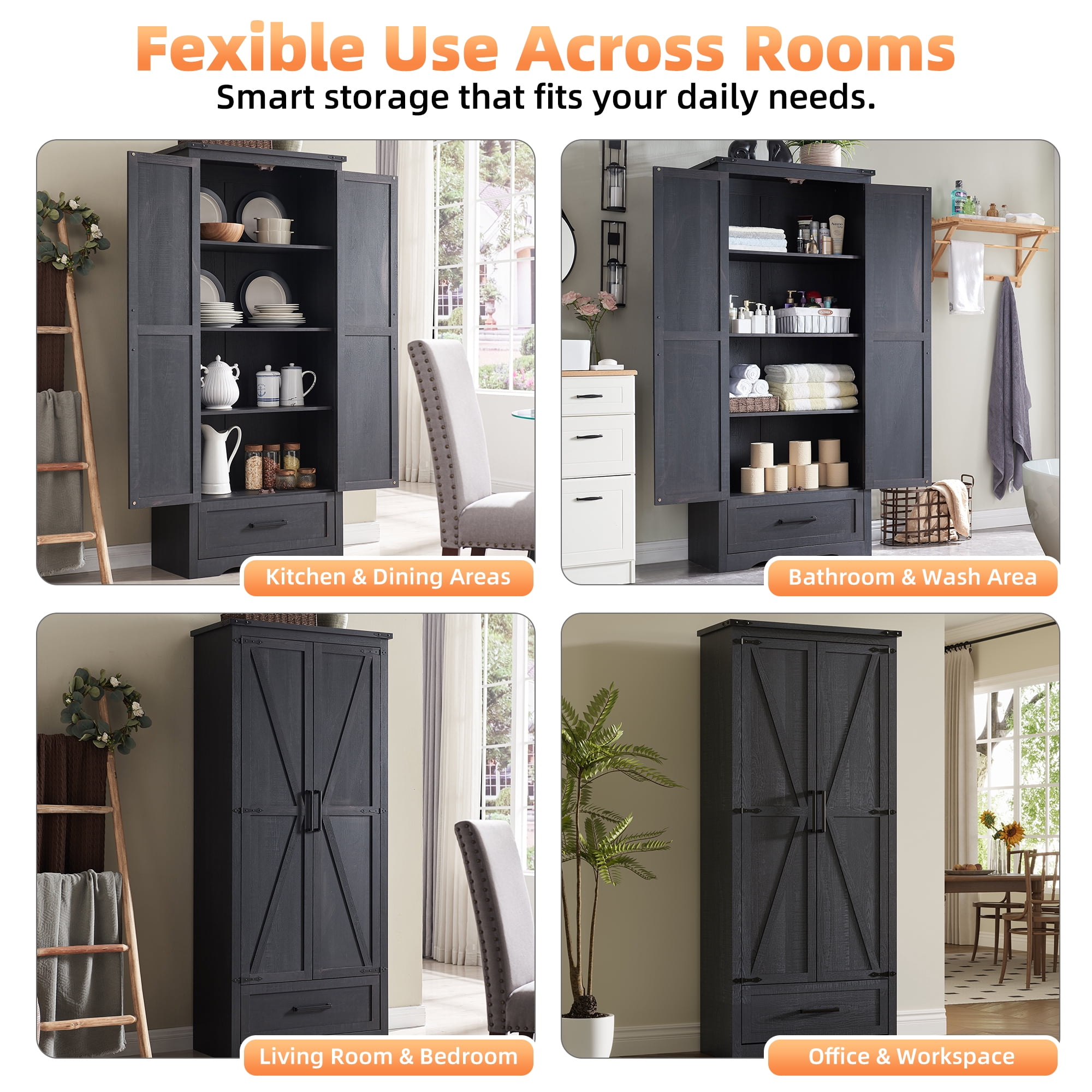 T4TREAM Farmhouse 2-Door Storage Cabinet with Adjustable Shelves and 1 Drawer for Bathroom and Living Room, Black