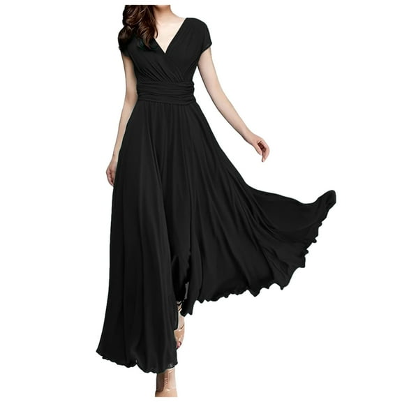 Women's V Neck Solid Color Short Sleeve Chiffon Waist Closing Evening Dress