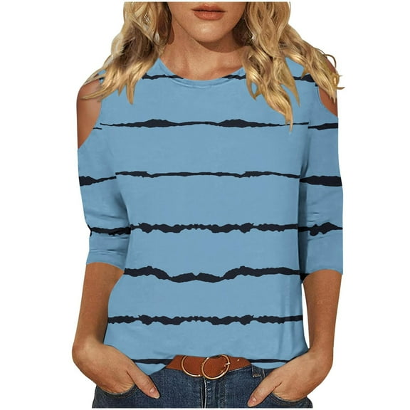MIUOWANP Women's Fashion Printed T-shirt 3/4 Sleeves Blouse Round Neck Casual Tops Ladies Plus Size Top Shirt on Sale Blue XL