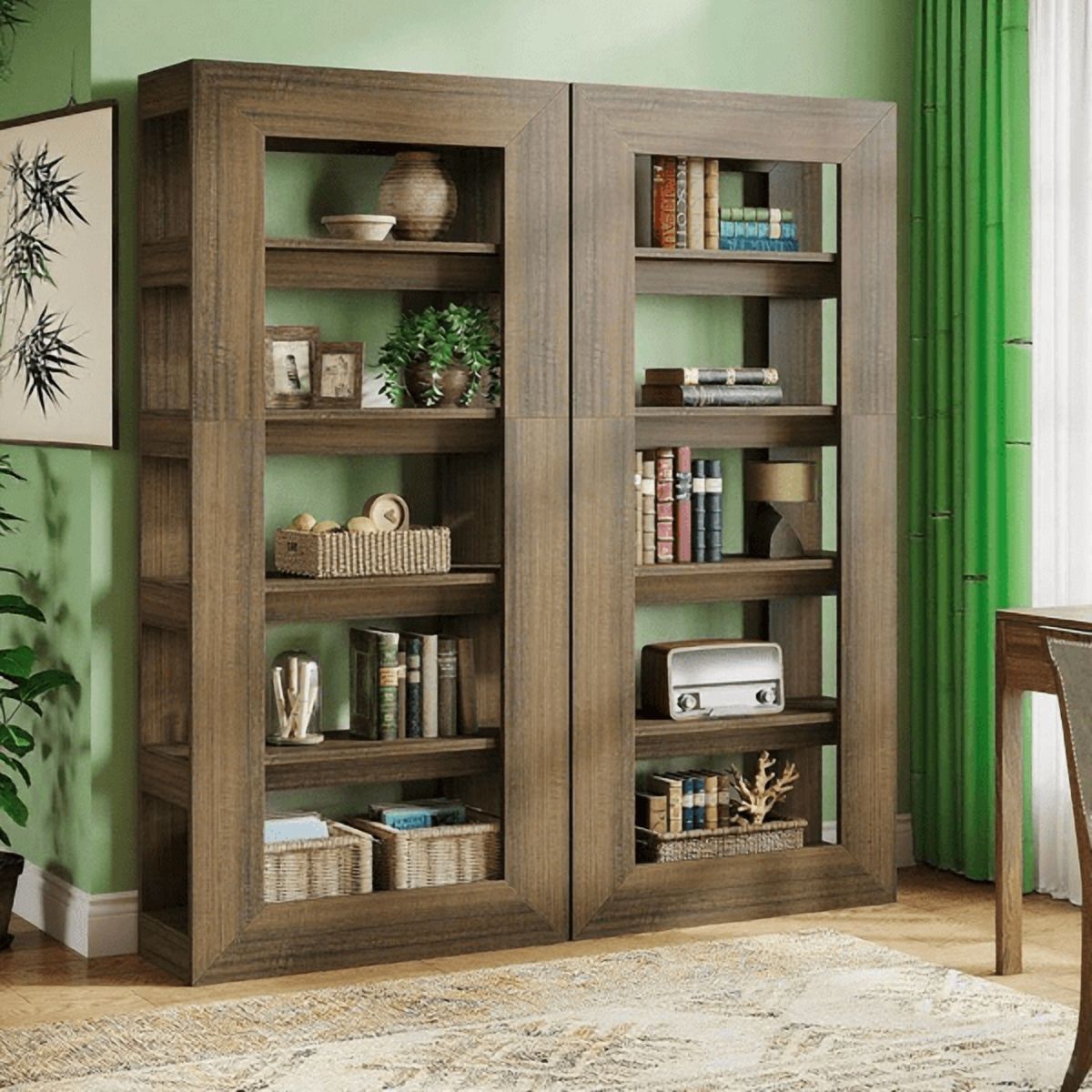 5-Tier All-Wood Bookshelf - Dark Brown Farmhouse Style, Thickened Base, for Living Room/Office/Reading Nook