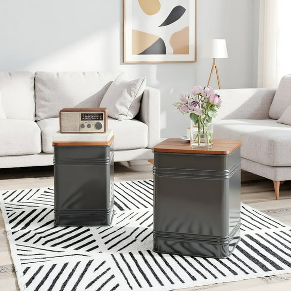 Spaco Ottoman with Storage Set of 2 with Metal Frame, Industrial Nesting Ottoman Stool with Removable Lid for Indoor as Living Room, Entryway, Black