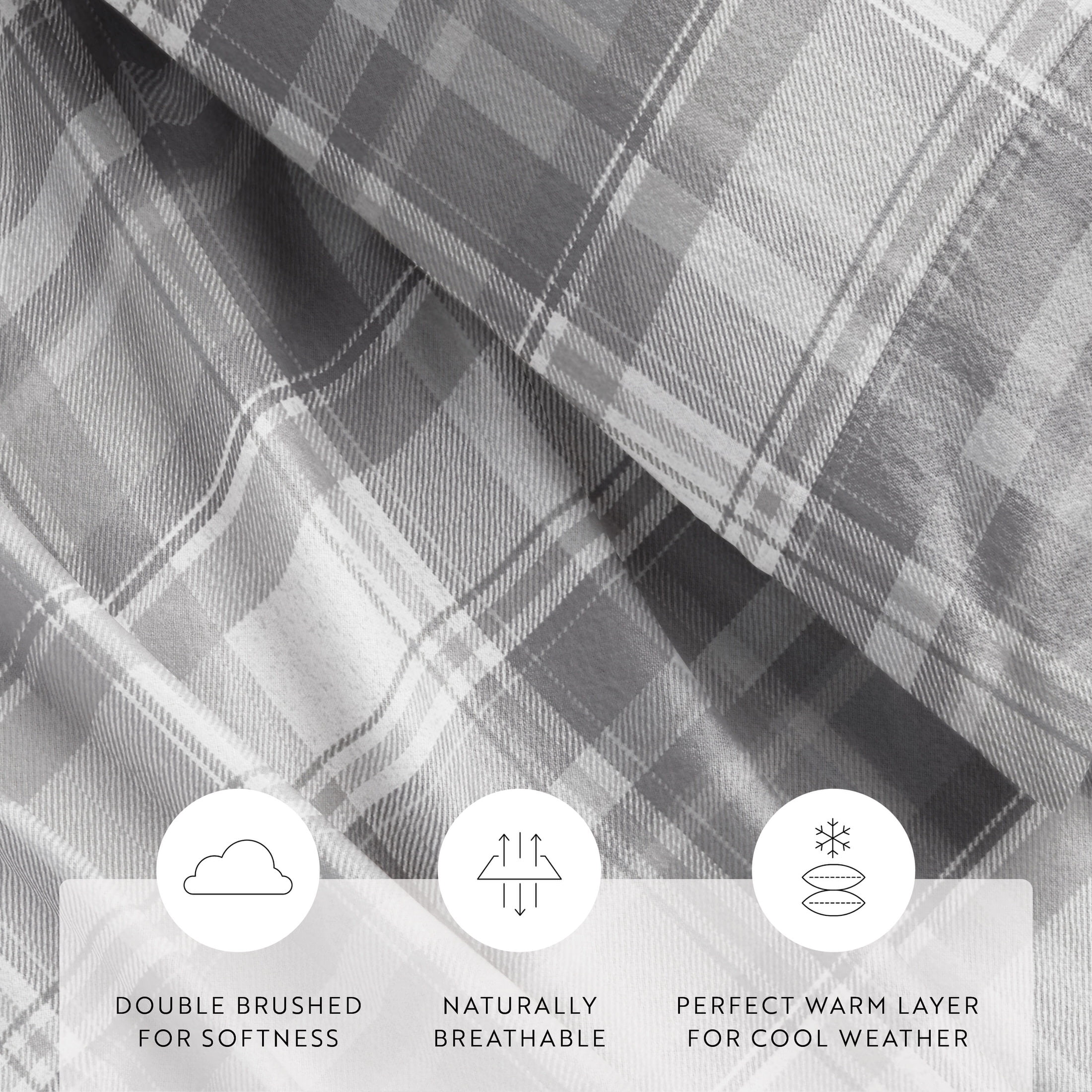 Light Grey Plaid 4 Piece 100% Cotton Flannel Deep Pocket Sheet Set, Twin, by Noble Linens