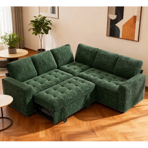 Convertible 5 Seat L-Shaped Sleeper Sofa Bed for Living Room with Pullout Bed, Adjustable Backrest, USB Port and Storage Seat Tool-free Assembly