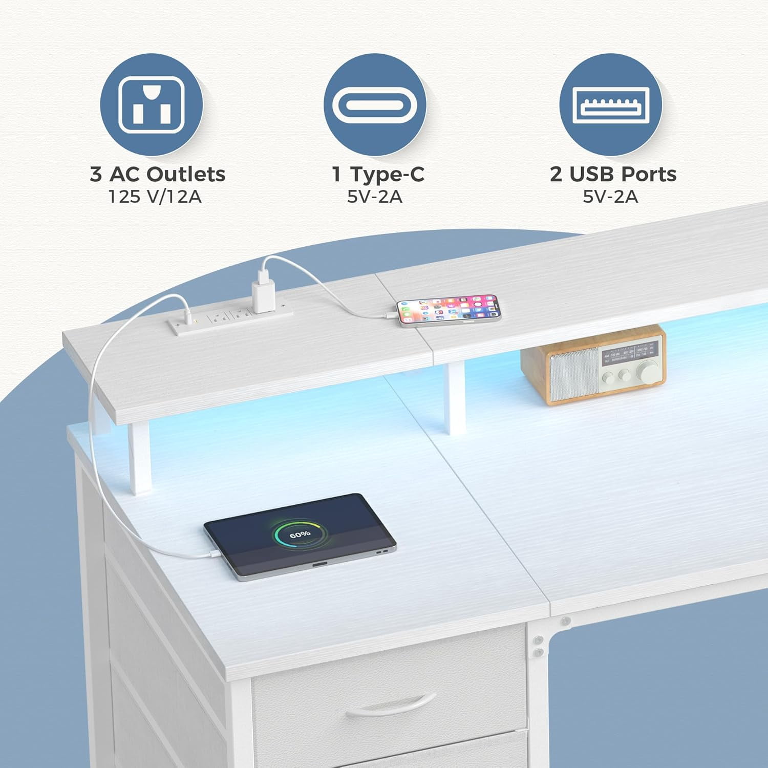 CONCETTA 40 Inch Computer Gaming Desk with 4 Drawers, Power Outlets and LED Lights for Home Small Spaces, White