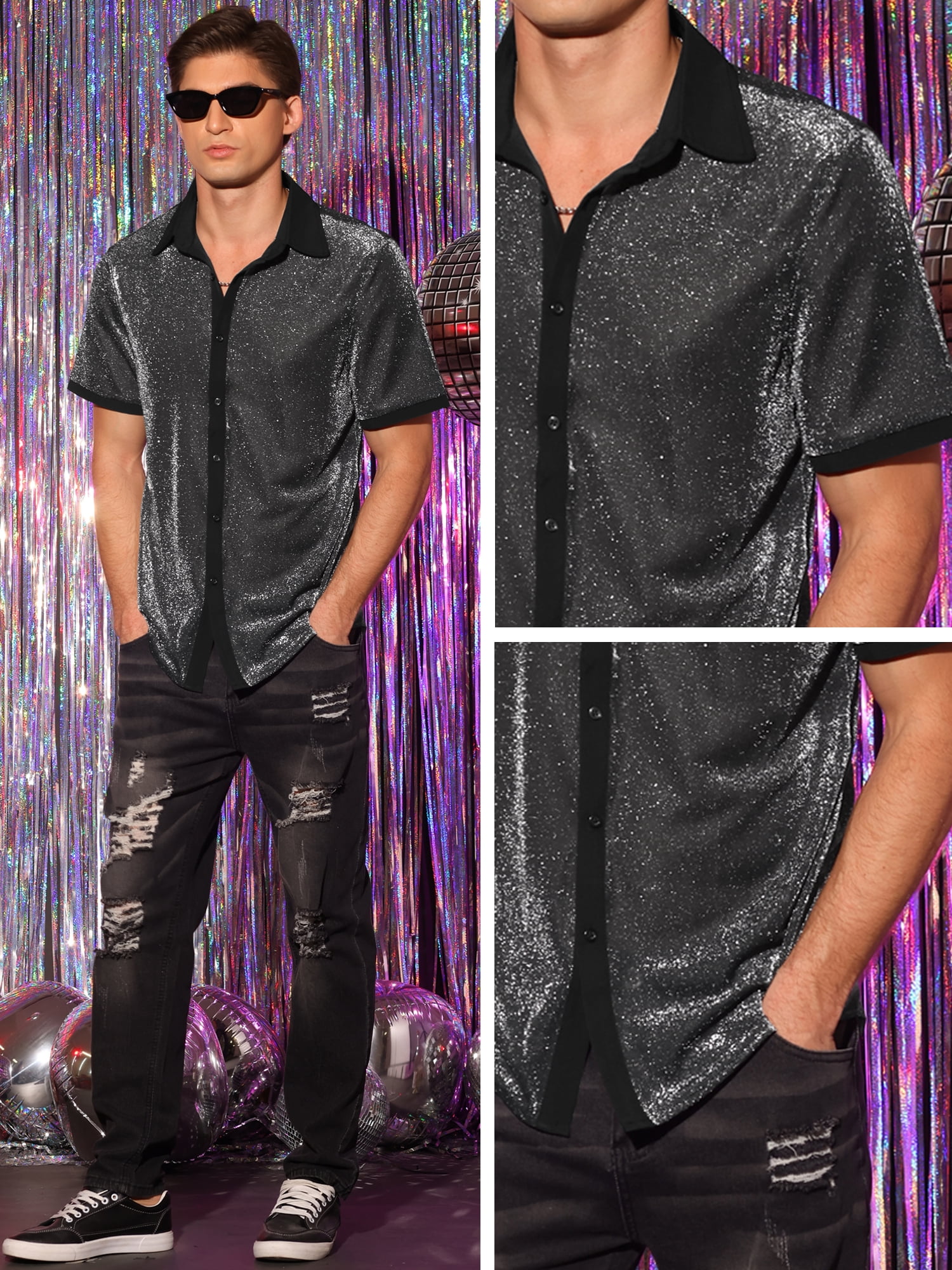 DARING DIVA Men's Metallic See Through Short Sleeves Disco Shiny Sheer Shirts M Silver