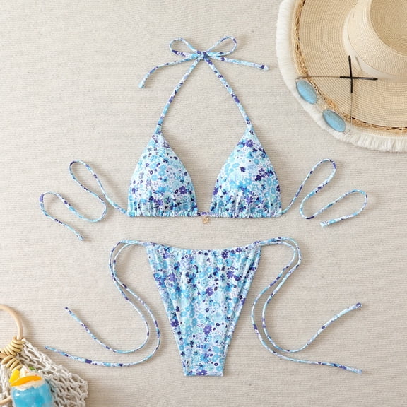 HOMBOM Womens Two Piece Swimsuit Bikini Swimwear Triangle Floral High Waisted Light Blue Vacation Bathing Suit for Young Woman