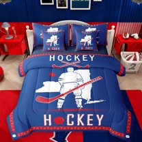 Homewish Hockey City 7pcs Bedding Comforter Set,Ball Game Lover Queen Bedding Sets,Red Blue White Queen Sheet Sets For Kids Boys,Super Cozy Room Decorative Reversible