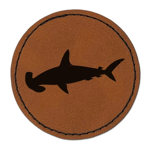 Hammerhead Shark Solid 2.5" Faux Leather Round Engraved Iron-On Patch - Brown