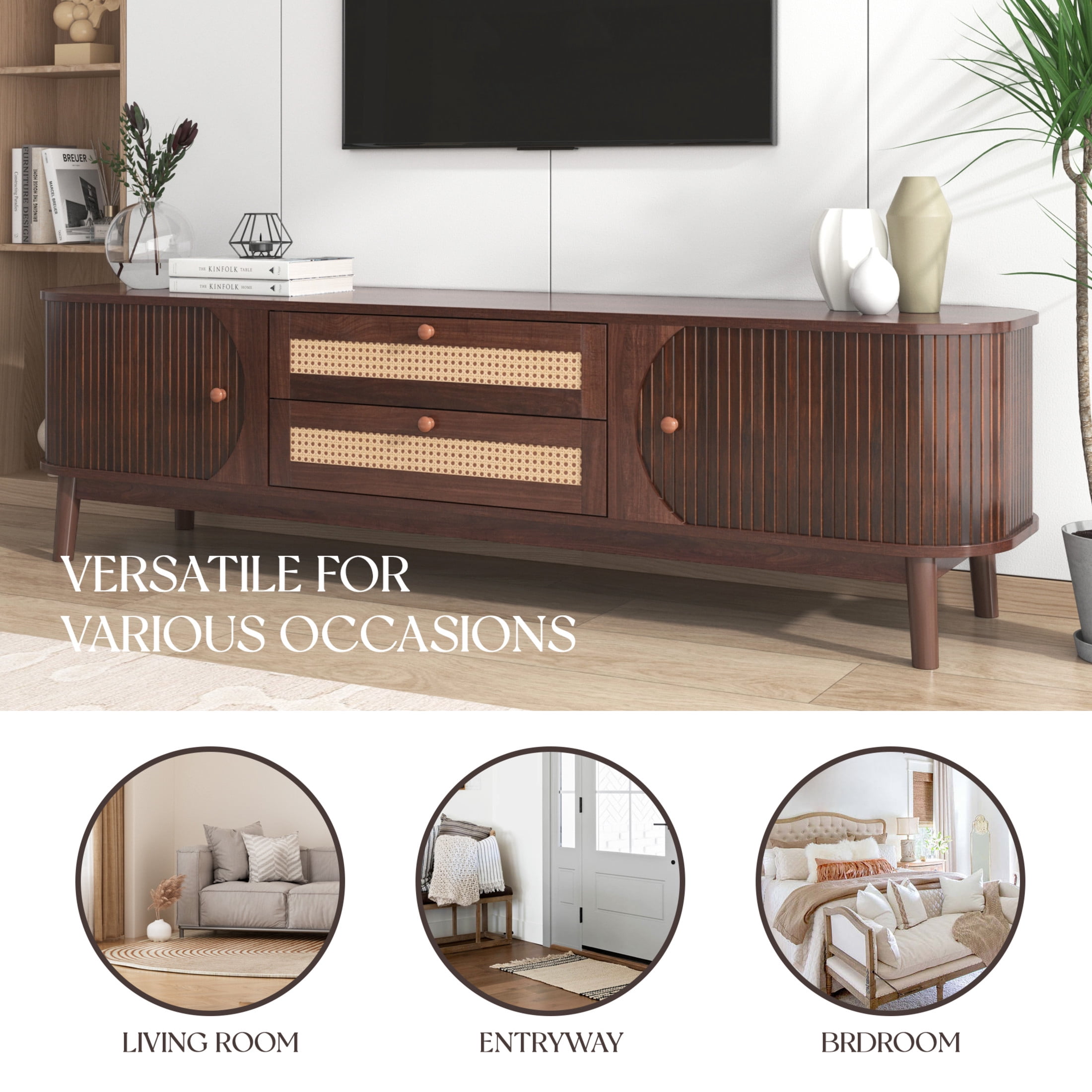 Noble House Rattan TV Stand for TVs up to 75 Inch with Storage Cabinets and Drawers, Brown + Natural