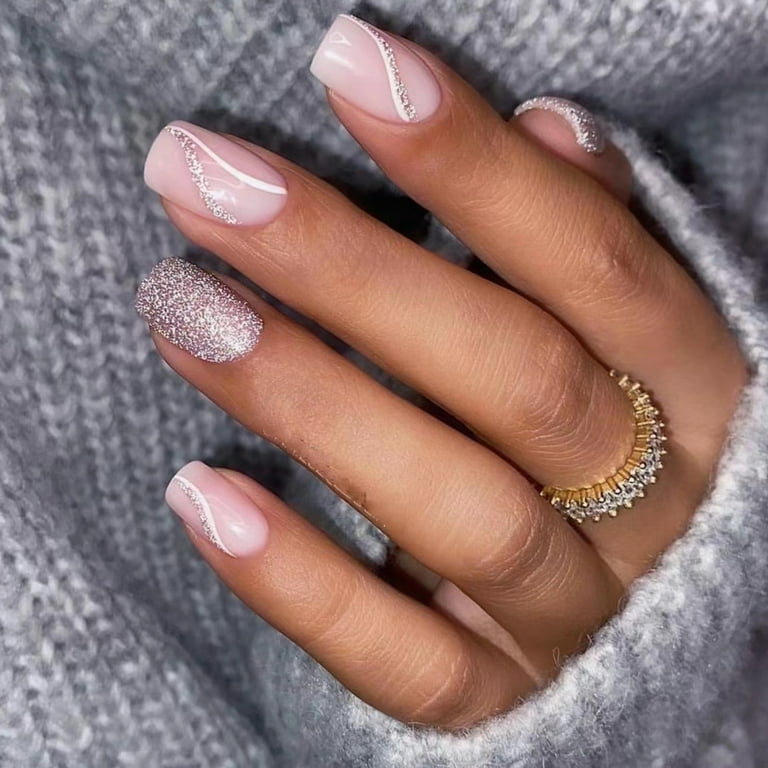 White Silver Line Square Fake Nails with Tasteless and Eco Friendly Material Nails for Girls Home Nails DIY