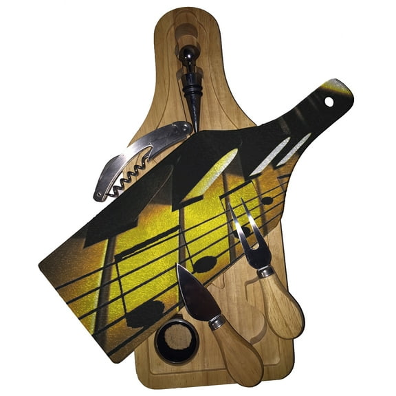 KuzmarK Wine & Cheese Glass Cutting Board Wood Box Gift Set - Sheet Music On Piano Keys