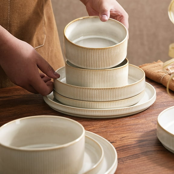 12-Piece Elegant Stoneware Dinnerware Set for 4, Cappuccino White with Gold Rim, Dishwasher & Microwave Safe for Daily & Holiday Use