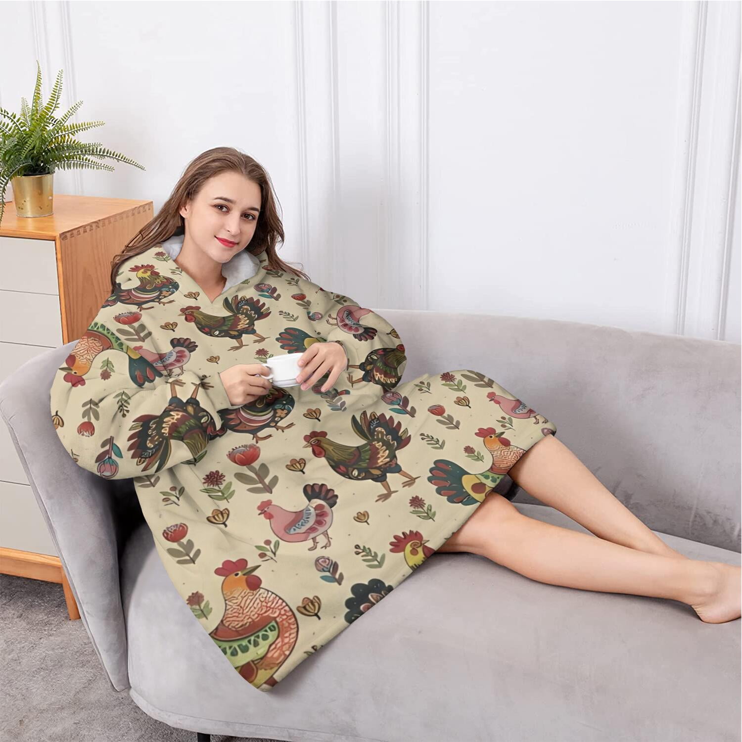 Oversized Wearable Blanket Hoodie,Beige Chicken Folk Pattern Sherpa Blanket Hoodie with Super Pockets,Super Warm Fuzzy Pullover for Women & Men