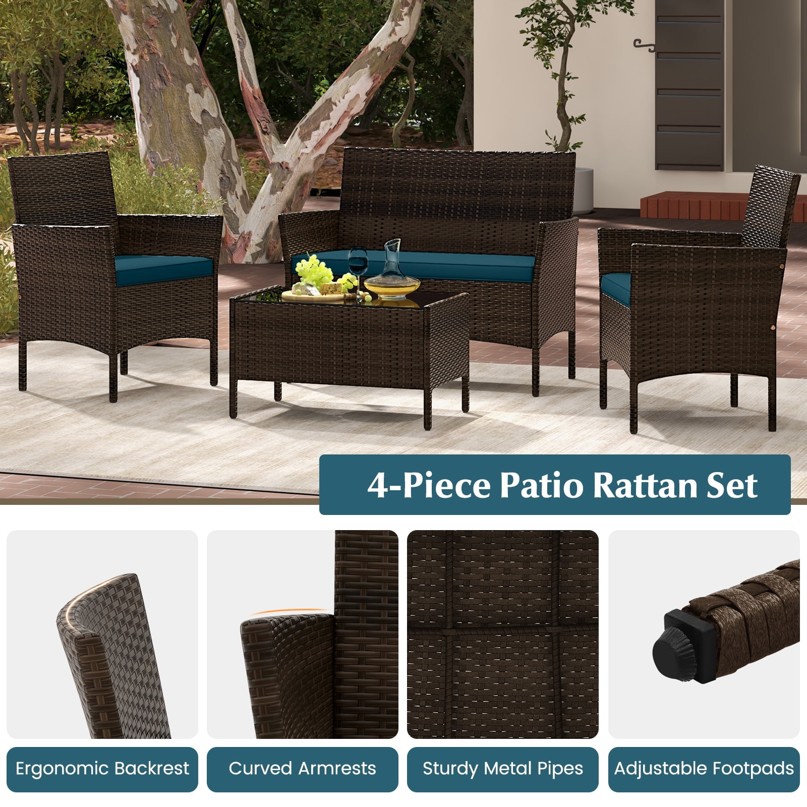 Topbuy 4 Piece Patio Rattan Conversation Set Outdoor Wicker Furniture Set w/ Chair Loveseat & Tempered Glass Table Peacock Blue