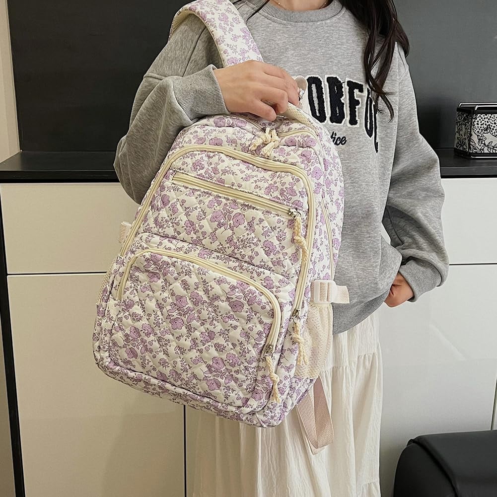 This 3-piece backpack set comes with a cute floral quilted backpack, a medium-sized messenger bag and a small travel storage bag for ladies, presenting a simple and comfortable look