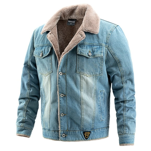 IROINNID Mens Denim Jacket On Sale Loose Winter Mid-length Lamb Velvet Jacket Plus Velvet Warm Coat,Light Blue