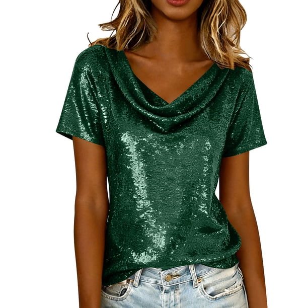 Camisas de Manga Corta para las Mujeres Casual Brillante Color Sólido Empalmado Cuello de Tortuga Tops para el Uso Diario
