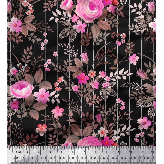 Soimoi Cotton Duck Fabric Stripe,Leaves & Rose Floral Decor Fabric Printed Yard 42 Inch Wide