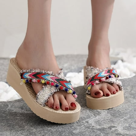 

YTJX Women s Shoes Fashion Colorful Cloth Colorful Beads Slope Heel Thick-soled Beach Shoes Slippers