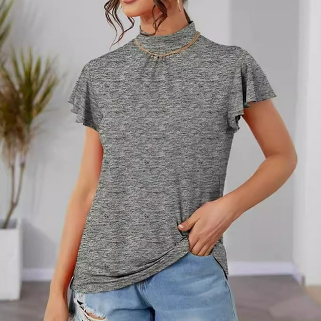 AherBiu Plus Size Womens Tops T Shirts Ruffle Short Sleeve Mock Neck Tshirts Summer Causal Comfy Tee Blouses