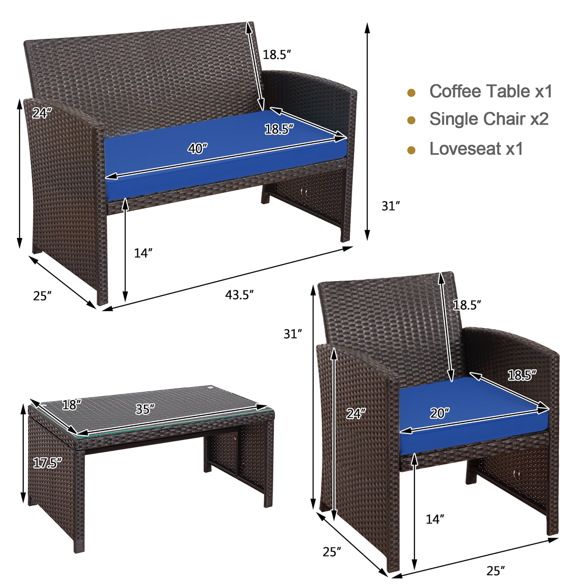 Costway 8PCS Patio Rattan Furniture Set Cushioned Chair Sofa Coffee Table Navy