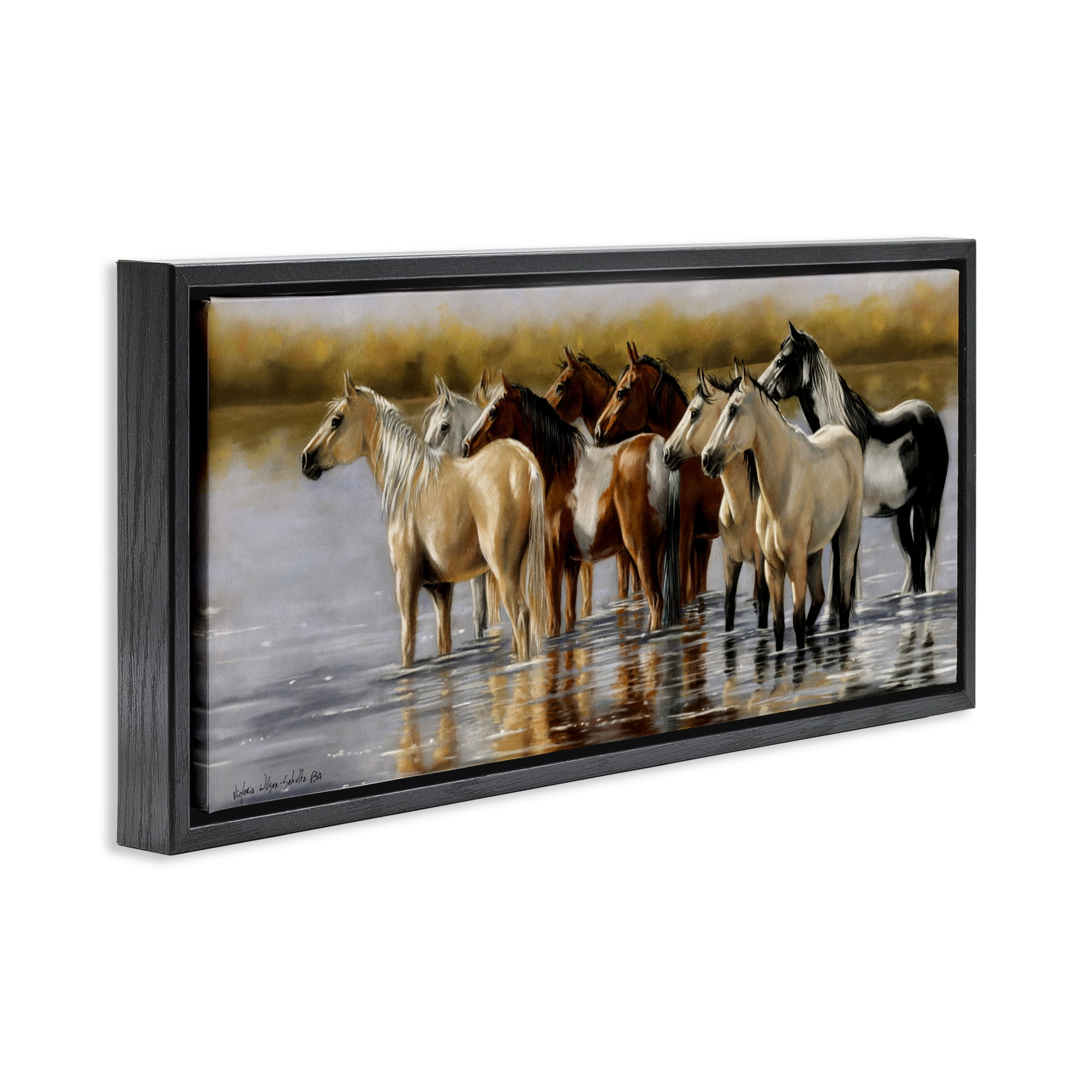 Stupell Industries Horse Herd Splashing Animals & Insects Painting Black Floater Framed Canvas Art Print Wall Art, 31 x 14