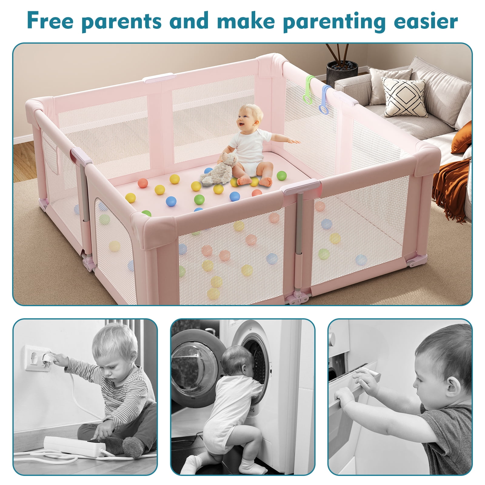 Baby Playpen 51" x 51", Play Pens for Babies and Toddlers Baby Fence Play Yards for Indoor & Outdoor with Breathable Mesh Anti-Fall Playpen, Pink
