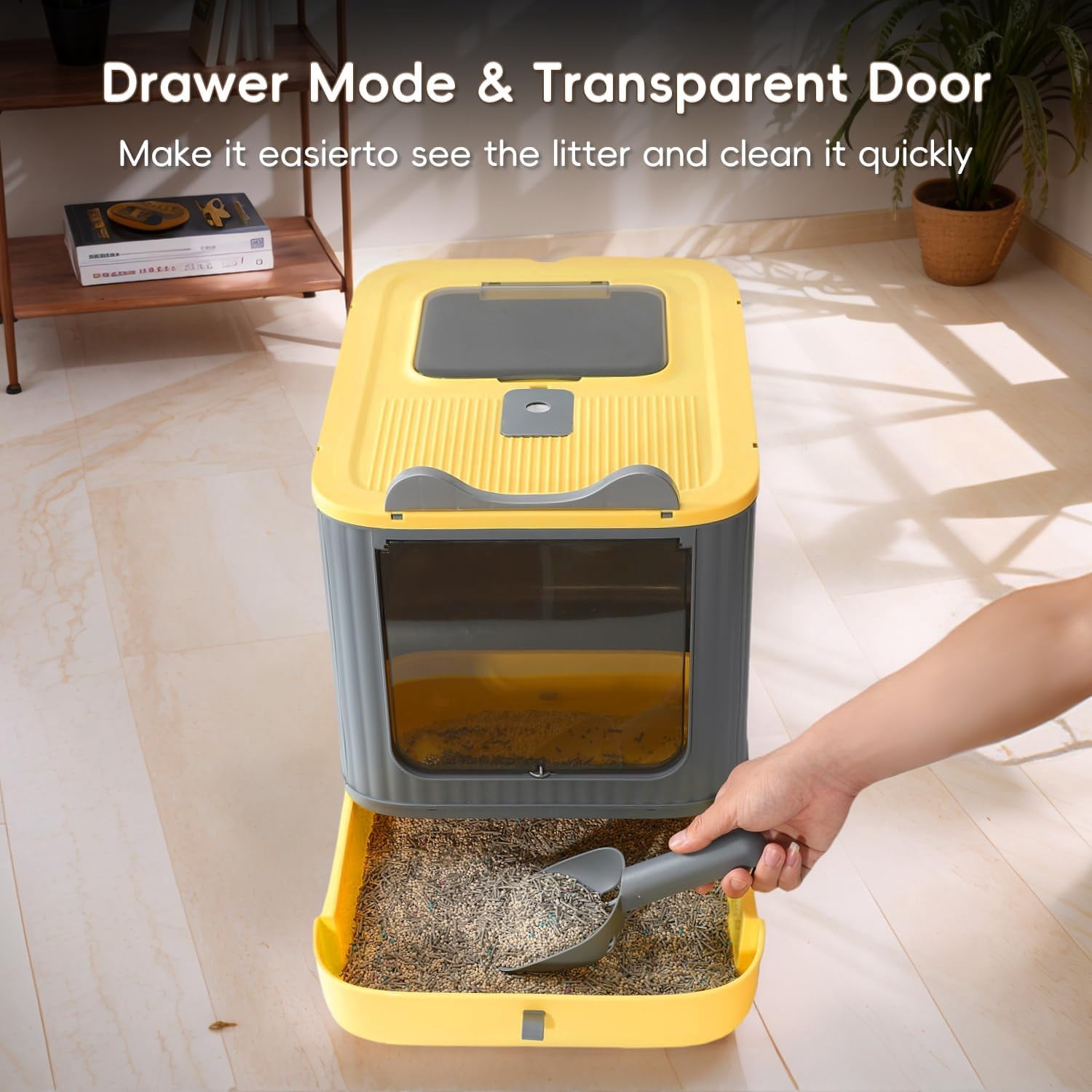 LCZLBRRD Foldable Cat Litter Box for Kitten to Adult Cat, Fully Enclosed with Scoop, Odor Control, Yellow & Grey