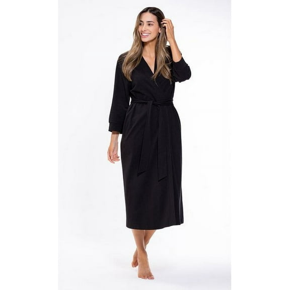 Lightweight Kimono robes for Women Cotton Soft Knit robe, Long V-Neck Robes For Female Adult Sleepwear Loungewear - Black - Small