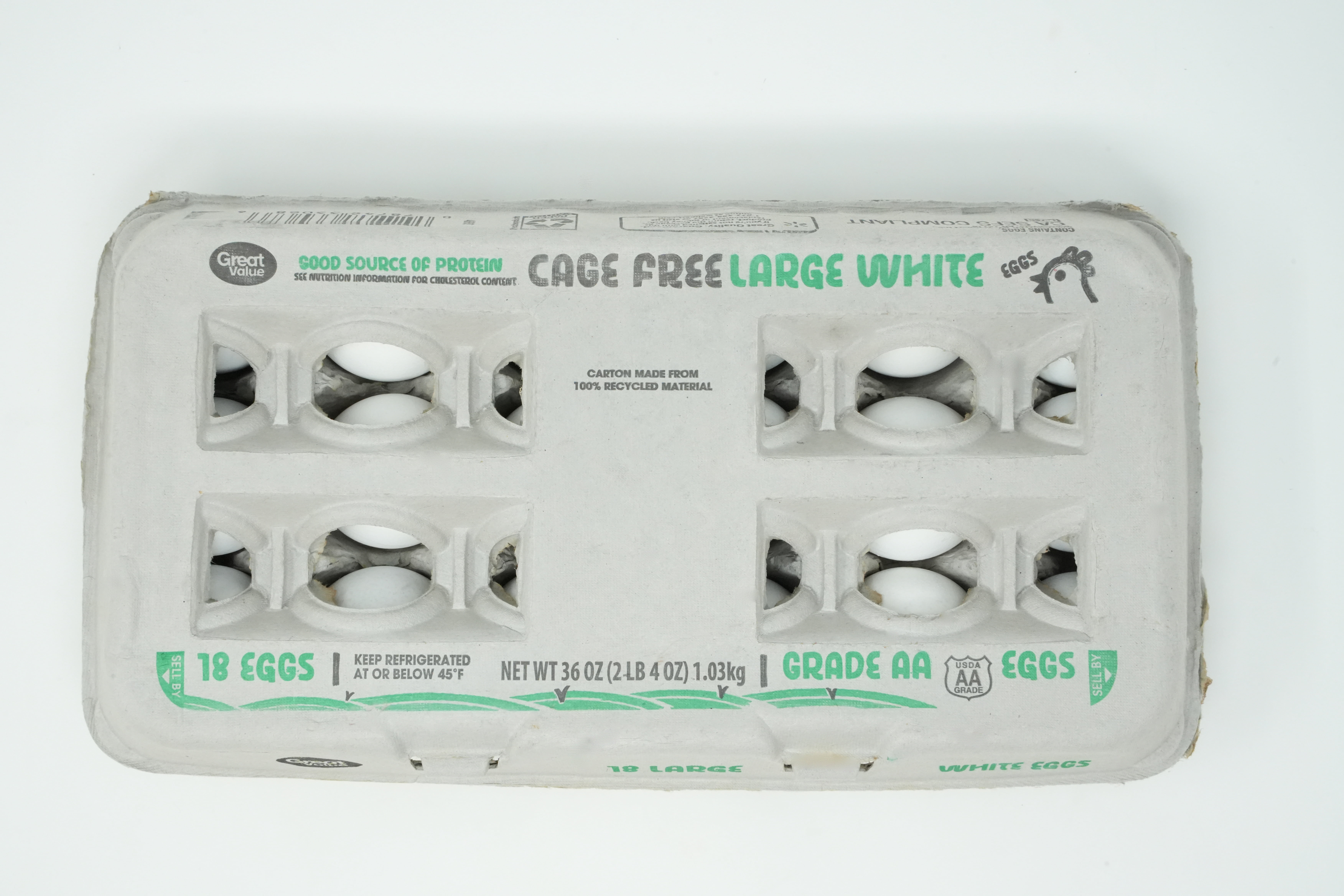 Great Value Cage-Free White Eggs, Large, 18 Count