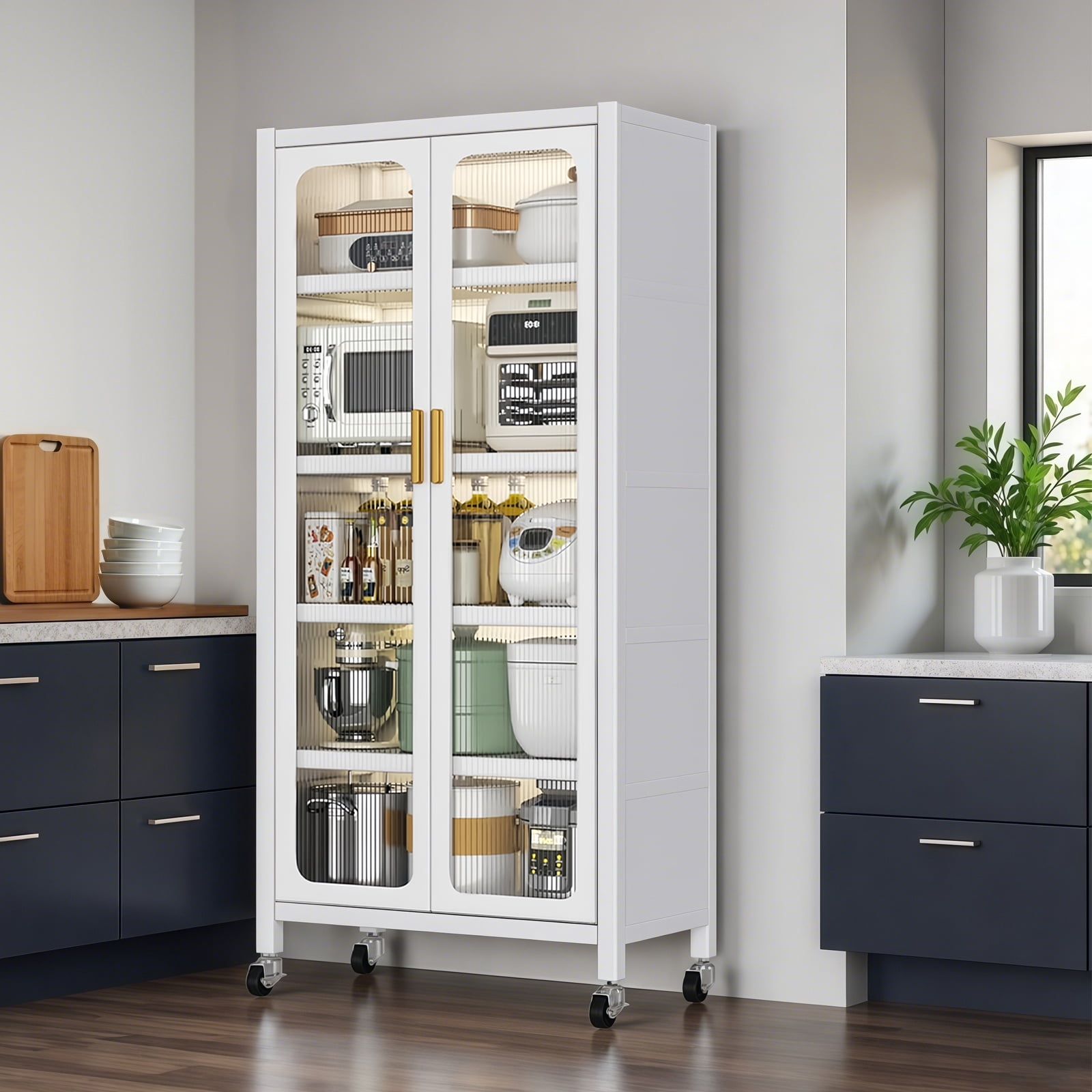 65" Kitchen Pantry Storage Cabinet, 6 Tier Metal Display Storage Cabinet with Transparent Door, Adjustable Shelves & Wheels, Food Pantries Cabinets, for Kitchen, Living Room and Dining Room, White