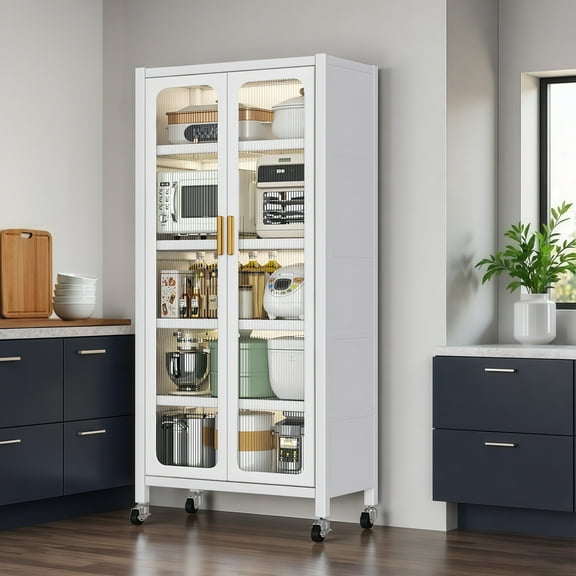 Oufan 65" Kitchen Pantry Storage Cabinet with Wheels, Freestanding Cupboard with Transparent Door & Adjustable Shelves, Food Pantries Cabinets,White