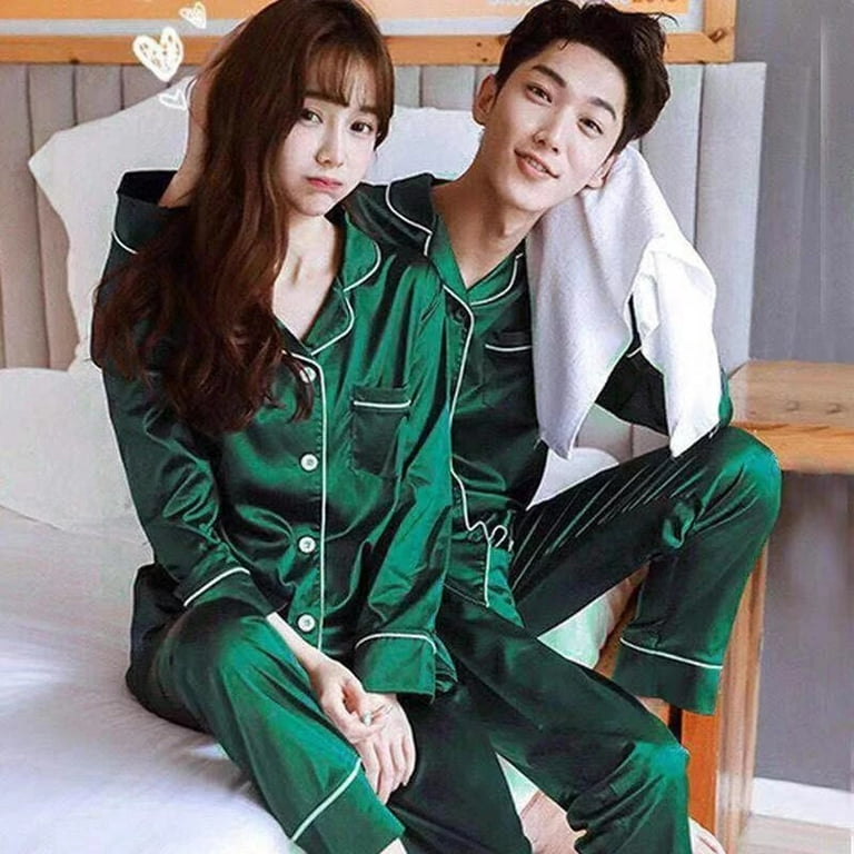 Men Women Silk Satin Pajamas Set Couple Sleepwear Lovers Unisex Nightwear  Plus