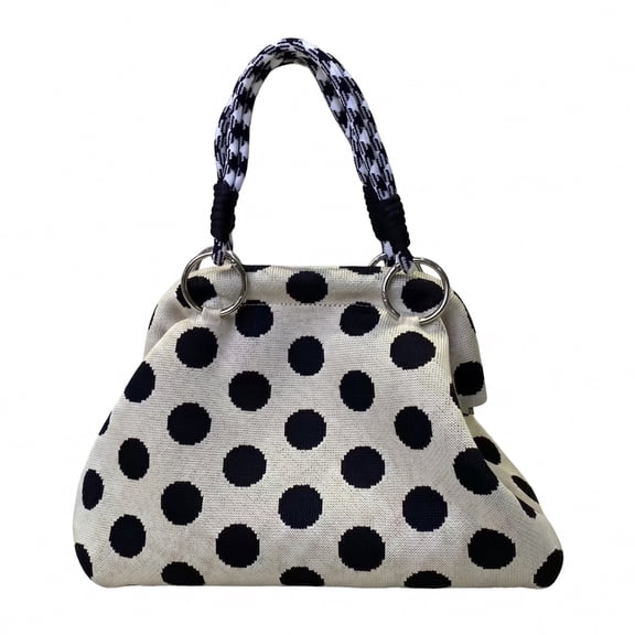 Women Trendy Knitted Single-shoulder Bag Large Capacity Clutch Handbag Cute Print Design Top Handle Handbag Versatile for Outdoor Travel Shopping (Black Polka Dots)