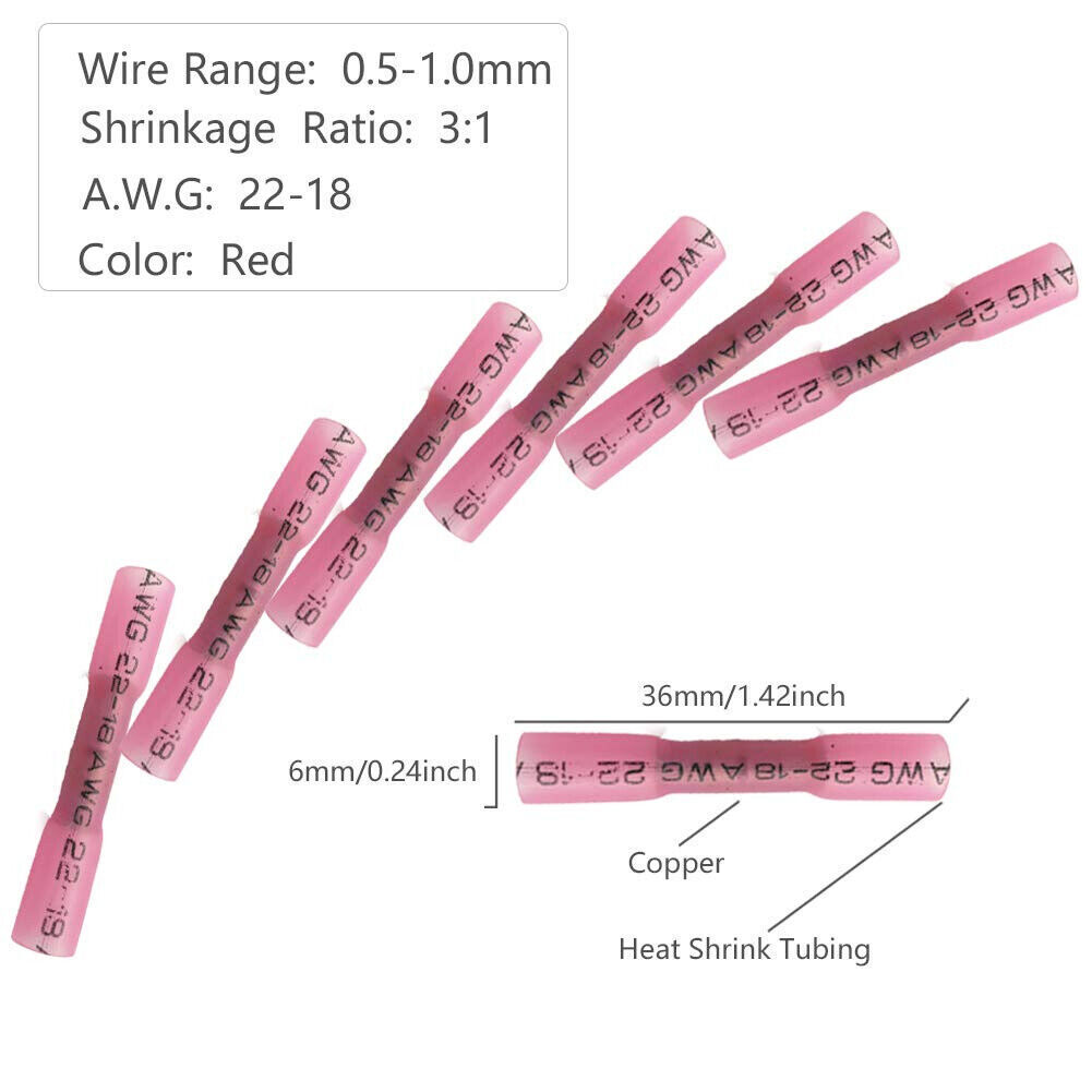 1000PCS Red AWG Heat Shrink Butt Wire Connectors Crimp Terminals 16-22 Gauge US