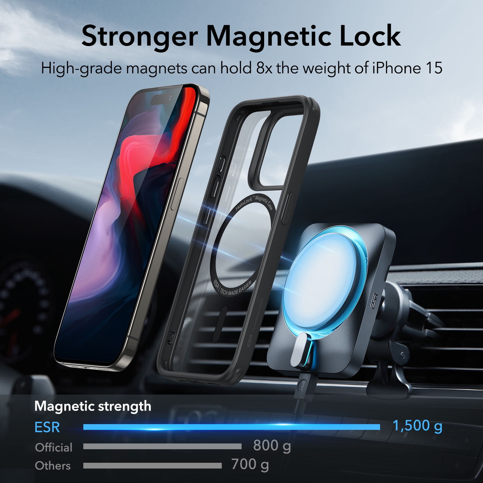ESR Classic Hybrid Magnetic Case with HaloLock for iPhone 15 Pro Max, Magnetic MagSafe, Shockproof Ultra-high Hardness Protection, Clear Black